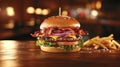 Burger stacked high with a thick, juicy patty, melted cheese, crispy bacon, fresh lettuce, tomato, and red onion on a toasted bun.