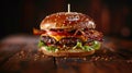 Burger stacked high with a thick, juicy patty, melted cheese, crispy bacon, fresh lettuce, tomato, and red onion on a toasted bun.