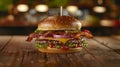 Burger stacked high with a thick, juicy patty, melted cheese, crispy bacon, fresh lettuce, tomato, and red onion on a toasted bun.