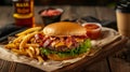 Burger stacked high with a thick, juicy patty, melted cheese, crispy bacon, fresh lettuce, tomato, and red onion on a toasted bun.