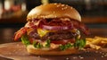 Burger stacked high with a thick, juicy patty, melted cheese, crispy bacon, fresh lettuce, tomato, and red onion on a toasted bun.