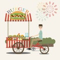 Burger street cart with seller. vector