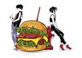 Burger with stylish girl in the sketch style on the white background.