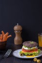 Burger with tomato, cheese, Benedict egg and Fresh Greens on a plate on a dark background and