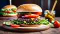 burger with tomato, lettuce and pickles on a wooden plate and french fries on the back Royalty Free Stock Photo