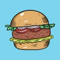 Burger with tomato, shredded lettuce and onion. Colorful vector illustration in flat cartoon style. Isolated on blue