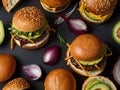 Burger Top, Create a detailed top-view photo of a gourmet burger on a dark background. Highlight unique toppings such as