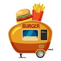 Burger trailer mobile snack icon, cartoon style