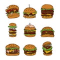 Burger varieties, including hamburger, cheeseburger, bacon burger and double decker burger fast food