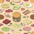 Burger vector fast food hamburger or cheeseburger constructor with ingredients meat bun tomato and cheese illustration Royalty Free Stock Photo