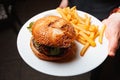 Burger with vegetables and French fries Royalty Free Stock Photo