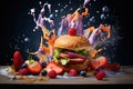 burger with vegetables and fruits and splashes of sauce on a dark background, delicious and beautiful food