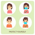Protect yourself. Face mask on a man and woman. Girl and boy wearing protective mask. Coronavirus prevention.