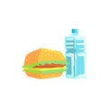 Burger And Water Lunch Set Items Cool Colorful Vector Illustration