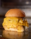 burger with yellow cheese on the griddle Royalty Free Stock Photo