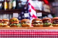 Burgers in american restaurant with empty toothpick flags