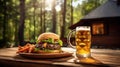 Burgers and beer outdoor on a wooden table blurry nature background created with Generative AI