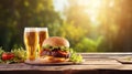 Burgers and beer outdoor on a wooden table blurry nature background created with Generative AI