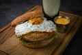 Burgers with cutlet egg and beer Royalty Free Stock Photo