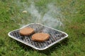 Burgers on Disposable Barbeque Royalty Free Stock Photo