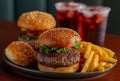 Burgers, fries and soda served on a plate, AI generated Royalty Free Stock Photo