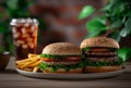 Burgers, fries and soda served on a plate - 3, AI generated Royalty Free Stock Photo