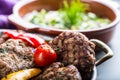 Burgers. Grill burgers. Minced burgers. Roasted burgers with grilled vegetable and herb decoration. Minced meat grilled in a hotel Royalty Free Stock Photo