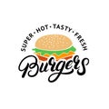 Burgers hand written lettering logo, label, badge, emblem. Royalty Free Stock Photo