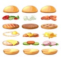 Burgers ingredients. Vector fastfood set in cartoon style Royalty Free Stock Photo