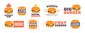 Burgers labels. Burger house cafe, bar or delivery service badges. Cartoon hamburgers logo for fast food restaurant Royalty Free Stock Photo