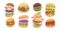 Burgers set. American fast food, buns with different fillings. Hamburgers, cheeseburgers snacks with cheese, meat Royalty Free Stock Photo