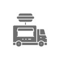 Burgers truck, fast food vehicle gray icon.