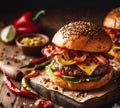Burgers with whole grain bun, fried bacon and spicy pickled peppers