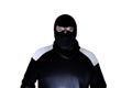 Burglar in dark clothes. Dangerous robber in mask. Criminal man. Isolated on white background Royalty Free Stock Photo