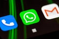 Burgos, Spain - April 13, 2020: WhatsApp, phone and gmail application icon on smartphone screen. Royalty Free Stock Photo