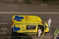 BURGOS, SPAIN - JULY 22 - 2020: Ambulance in time of desconfinement by the Covid19 and employees with the corresponding EPIS