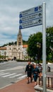 Pilgrims on the Camino de Santiago Way of St. James in the historic city centre fo Burgos, Spain. Selective focus on