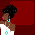 Burgundy background with dark-skinned woman