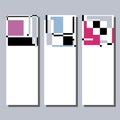 Burgundy, blue and pink rectangles and black geometric elements. Set of abstract vertical web banner templates. Vector.