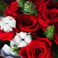 Burgundy bouquet with red roses, green branches of a christmas tree Royalty Free Stock Photo