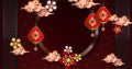 Burgundy design with round frame with golden border, flowers and lanterns in paper art style