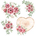 Burgundy Flower Bouquets clipart, Watercolor Red Florals illustration, Red flowers bouquet and wooden slice set, Bright Peony