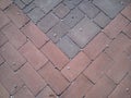 Burgundy and gray street paving tiles with small white pebbles. Rectangular decorative tile on the road. Rough edges of concrete.