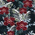 Burgundy orchid, herbs, berries, palm leaves and greenery seamless pattern. Royalty Free Stock Photo