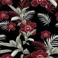 Burgundy orchids, exotic ficus and tropical palm leaves. Seamless pattern.