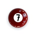 Burgundy Red Glossy Pool Billiard Ball Number Seven 7 Isolated on White Background.