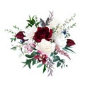 Burgundy red peony and anthurium, cream white magnolia, pink orchid, peony flowers, thistle, greenery