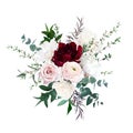 Burgundy red peony, cream white magnolia, pink rose and ranunculus, peony flowers, eucalyptus, greenery