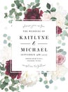 Burgundy red peony, white pale rose, magnolia, blush pink flowers vector design invitation frame Royalty Free Stock Photo