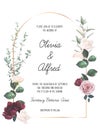 Burgundy red peony, white pale rose, magnolia, blush pink flowers vector design invitation frame